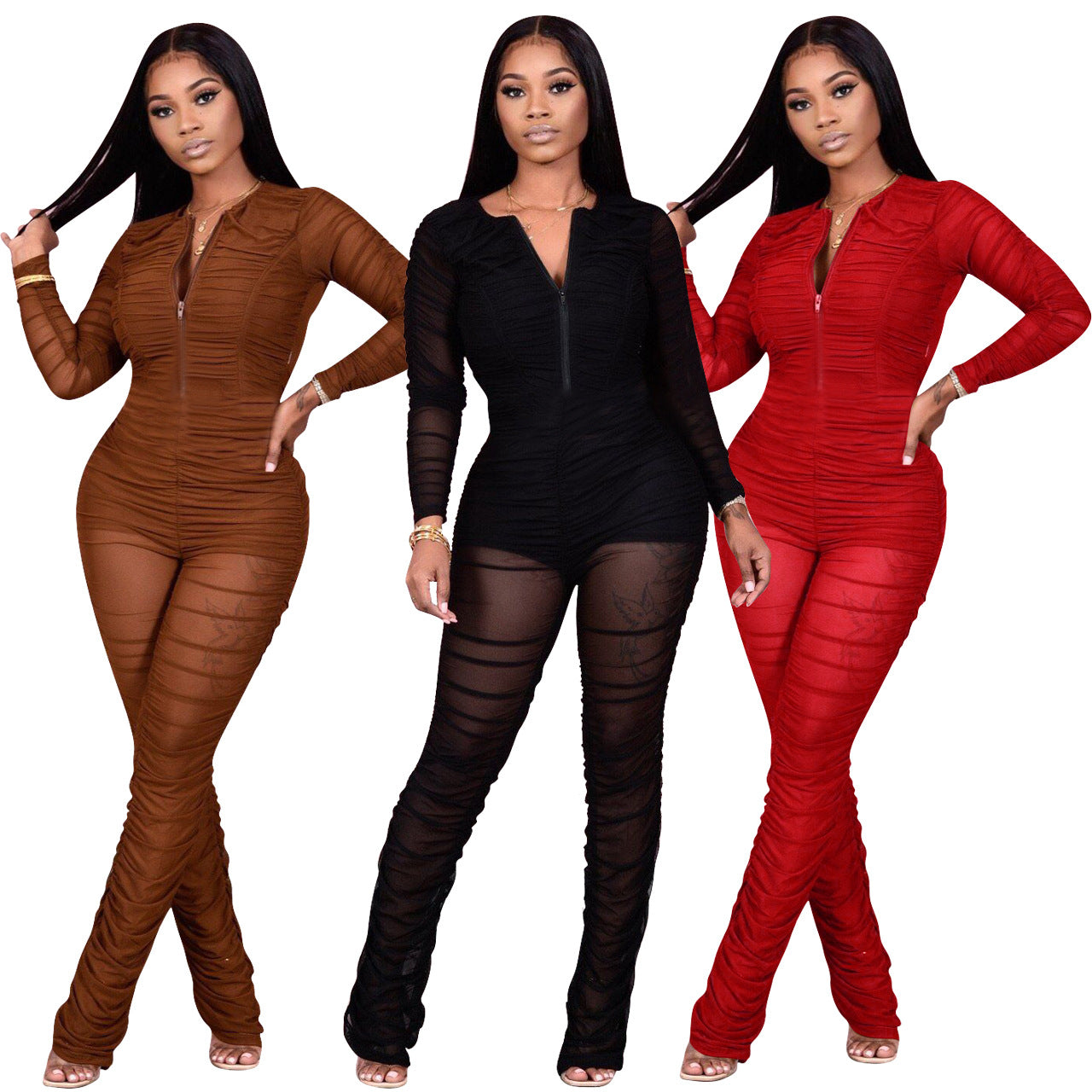 Ruched Mesh Jumpsuits