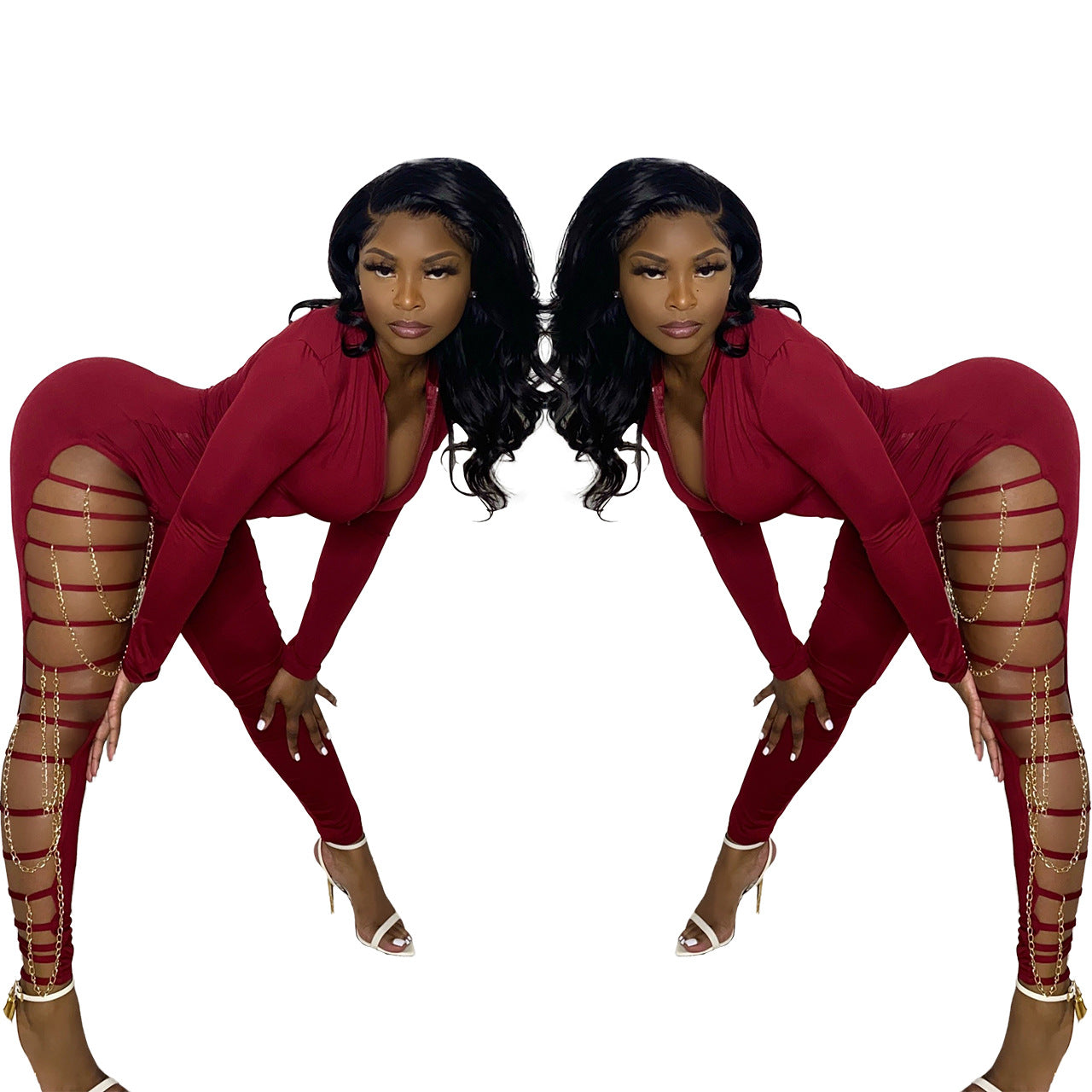 Red Front Long Sleeve Jumpsuit With Thigh Straps