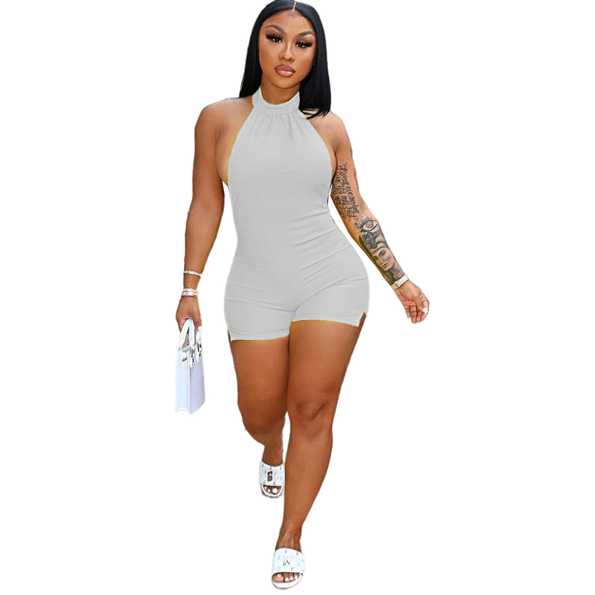 Sleeveless Shorts Halter Backless Jumpsuit