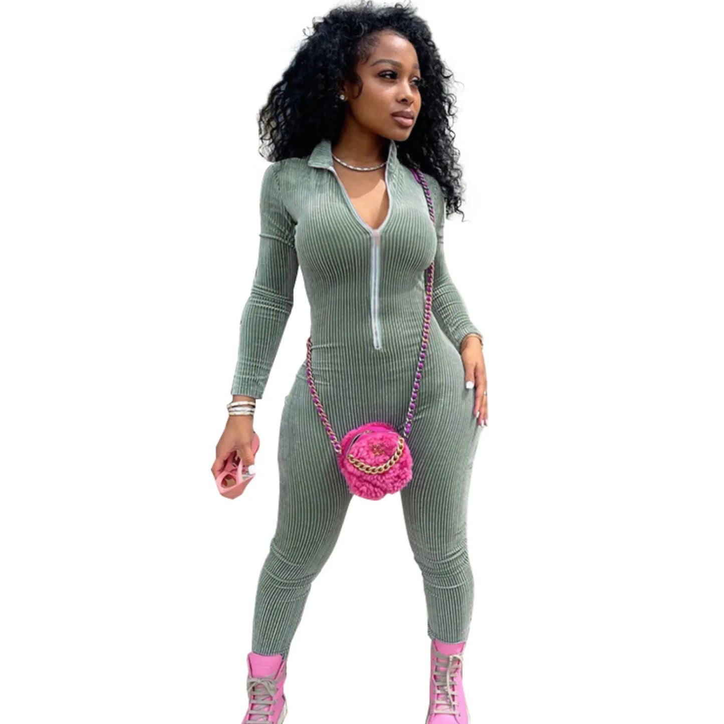 Ribbed Zip-Up Jumpsuit