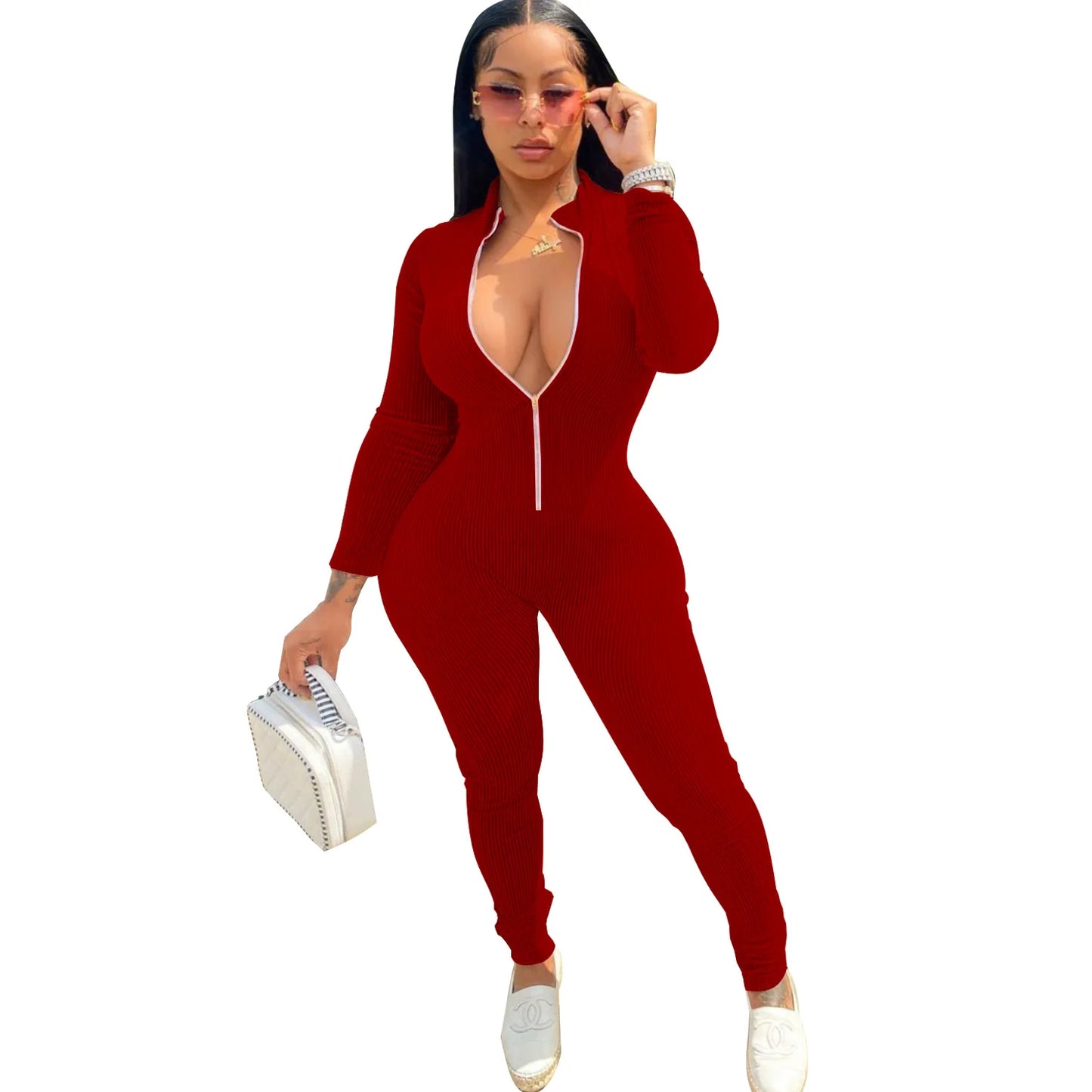 Ribbed Zip-Up Jumpsuit