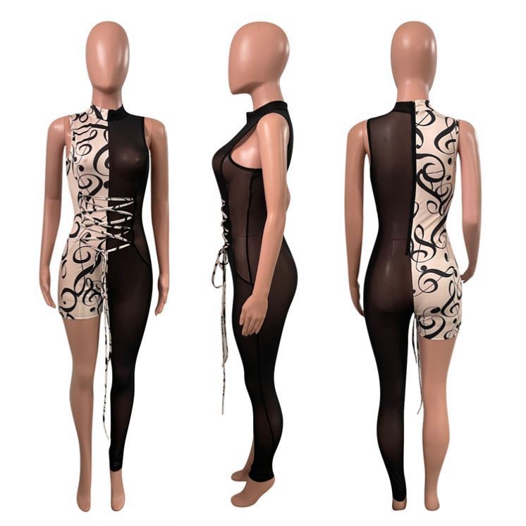 Lace Up Jumpsuit With Floral Print Design