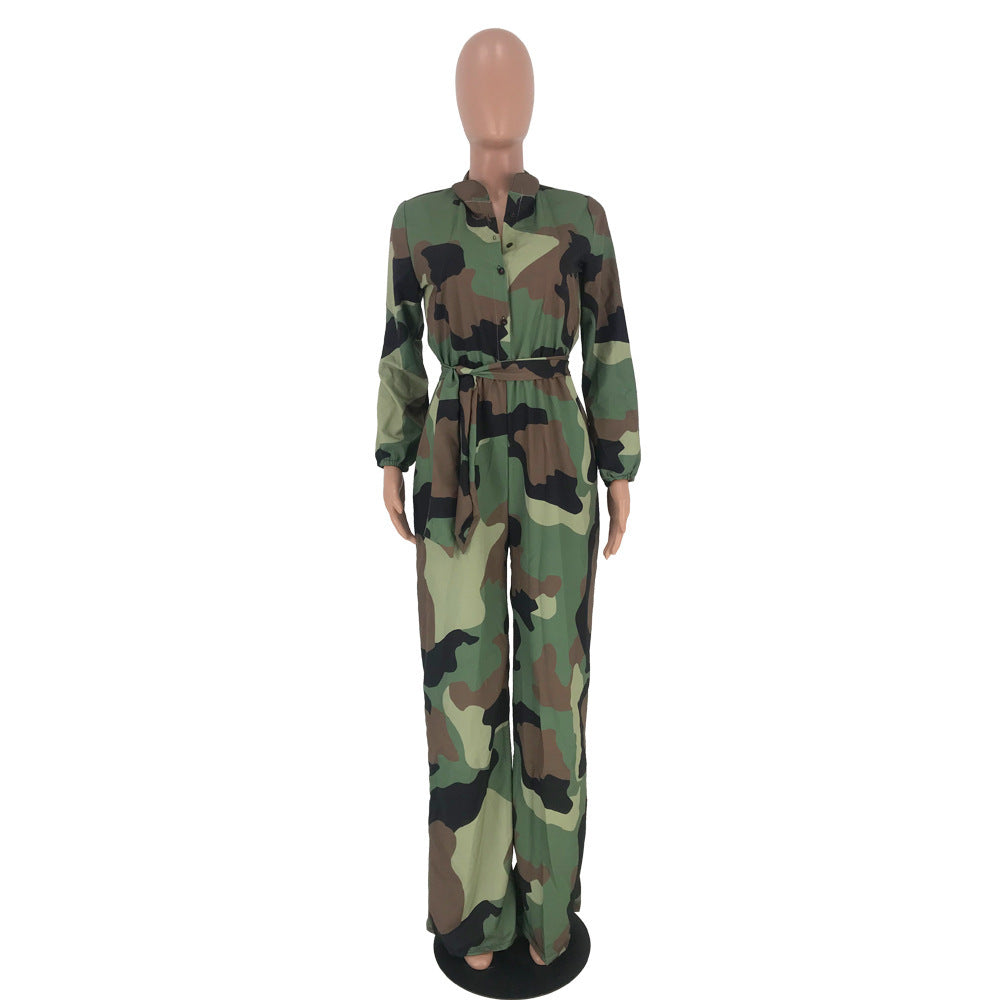 Printed Leopard Long Sleeve Jumpsuits For Plus Size Woman