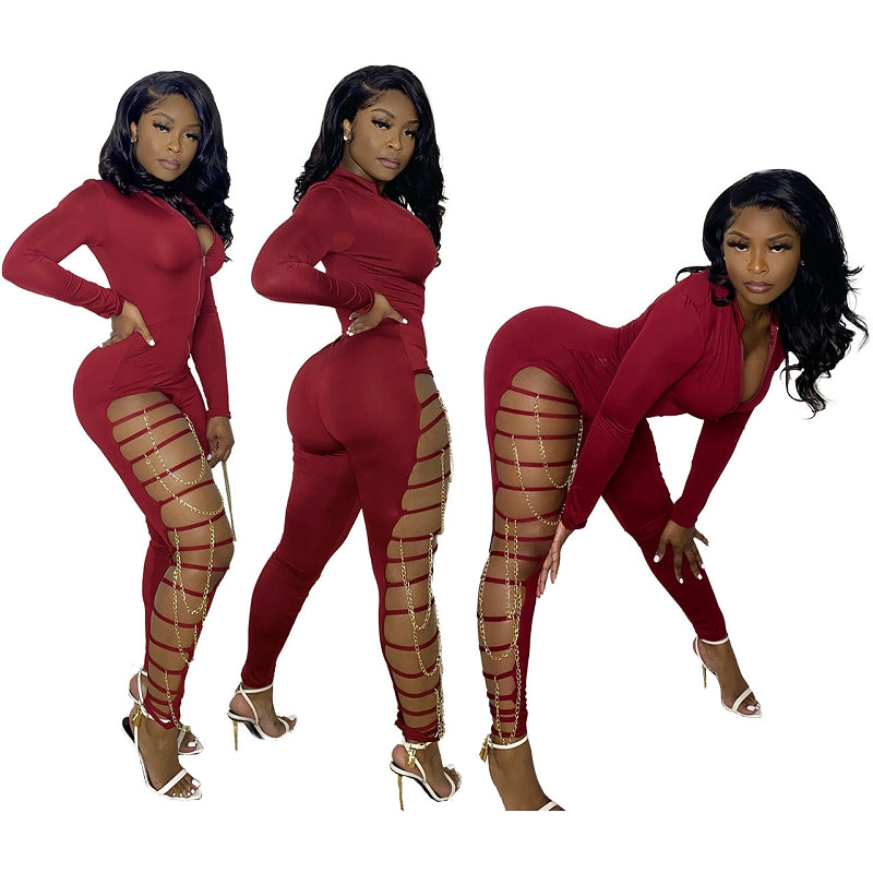 Red Front Long Sleeve Jumpsuit With Thigh Straps