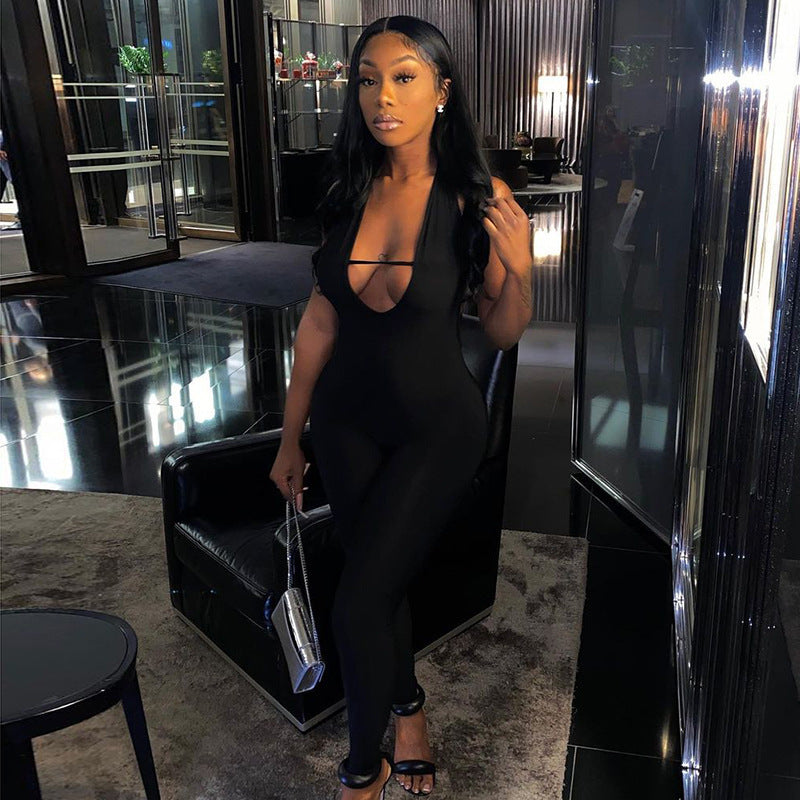 Sleeveless Halter Hollow Tight-Fitting Jumpsuit