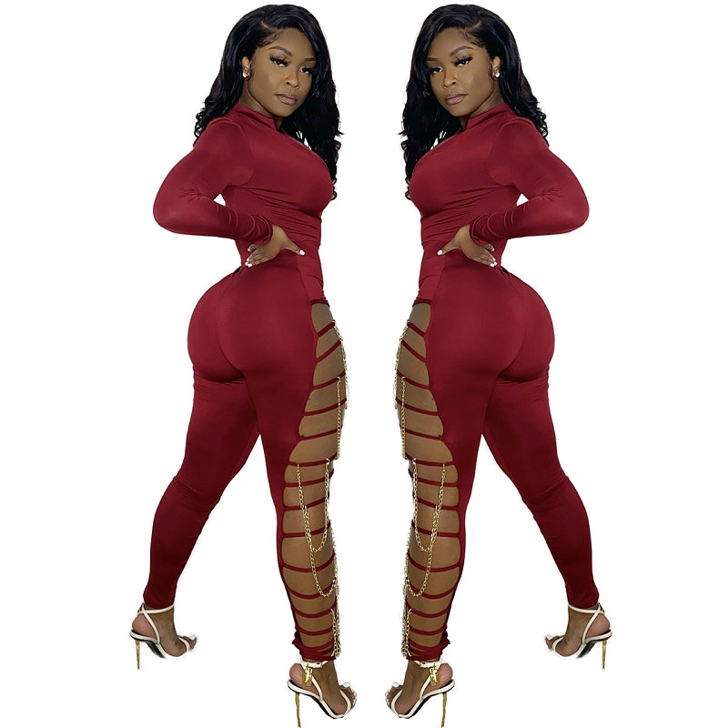 Red Front Long Sleeve Jumpsuit With Thigh Straps