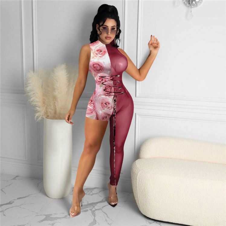 Lace Up Jumpsuit With Floral Print Design