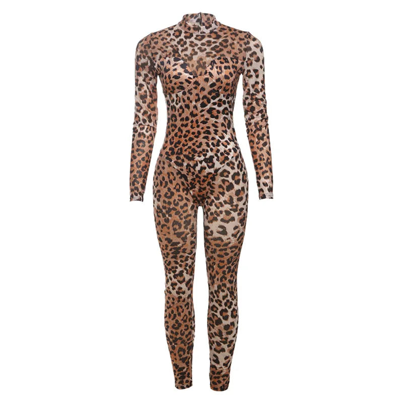See Through Leopard Jumpsuit With Skinny Stretch