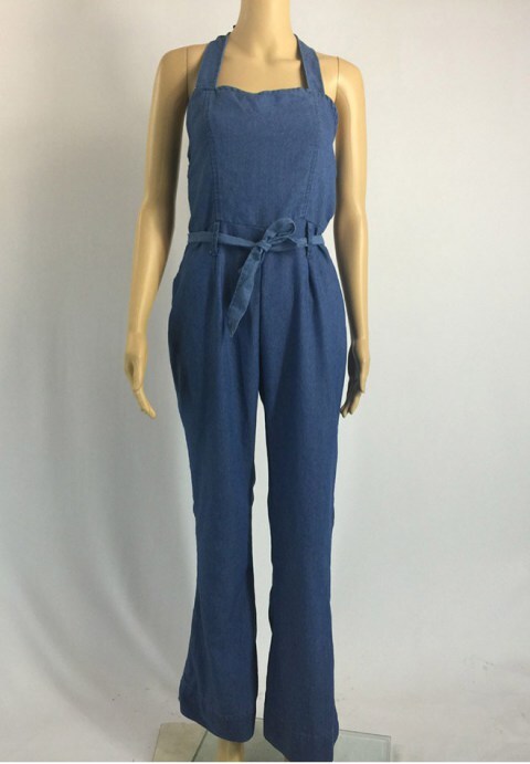 Halter Denim Lace-Up Jumpsuit