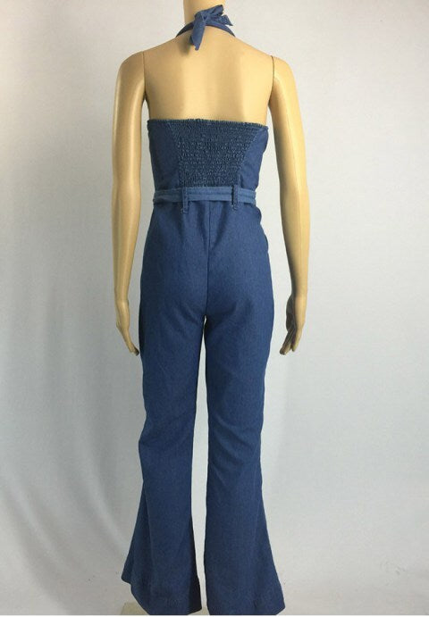 Halter Denim Lace-Up Jumpsuit