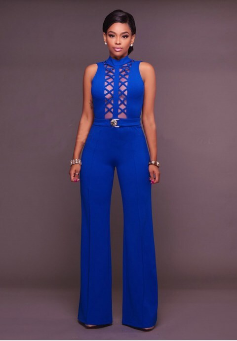 Mesh Accent Belted Jumpsuit by Elegance Inc.