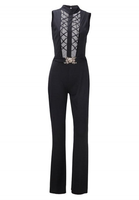Mesh Accent Belted Jumpsuit by Elegance Inc.