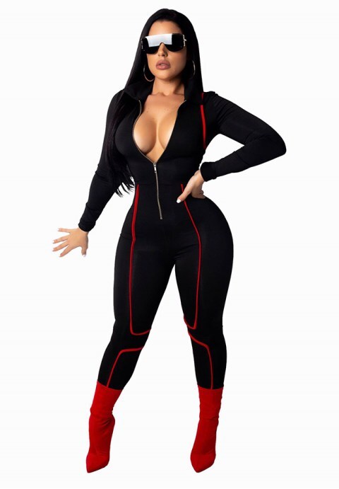 Women V-Neck Long Sleeve With Zipper Jumpsuit