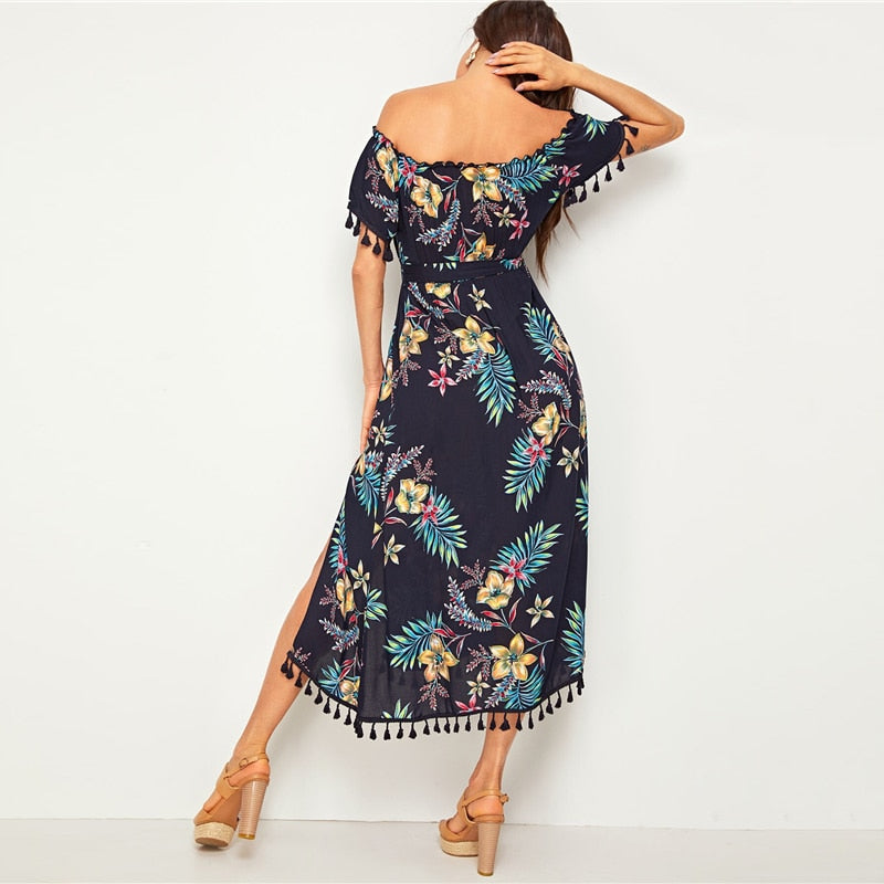 Navy Tropical Print Tassel Long Dresses by Elegance Inc.