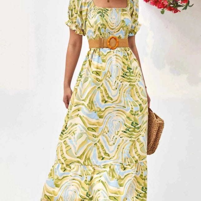 Smocked Printed Puff Sleeve : Midi Dress, , ["Ship From Overseas","Yio Moda"], ꫀꪶꫀᧁꪖꪀᥴꫀ꠸ᠻꪗ..