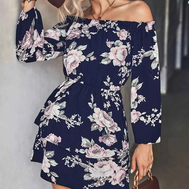 Off-Shoulder Floral Print : Long Sleeve Mini Dress, , ["Ship From Overseas","Yio Moda"], ꫀꪶꫀᧁꪖꪀᥴꫀ꠸ᠻꪗ..
