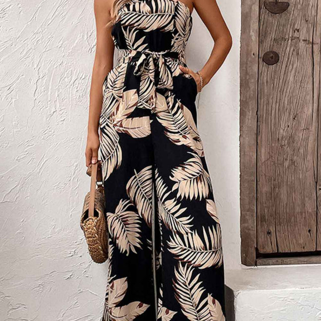 Perfee Printed Strapless : Wide Leg Jumpsuit with Pockets Black