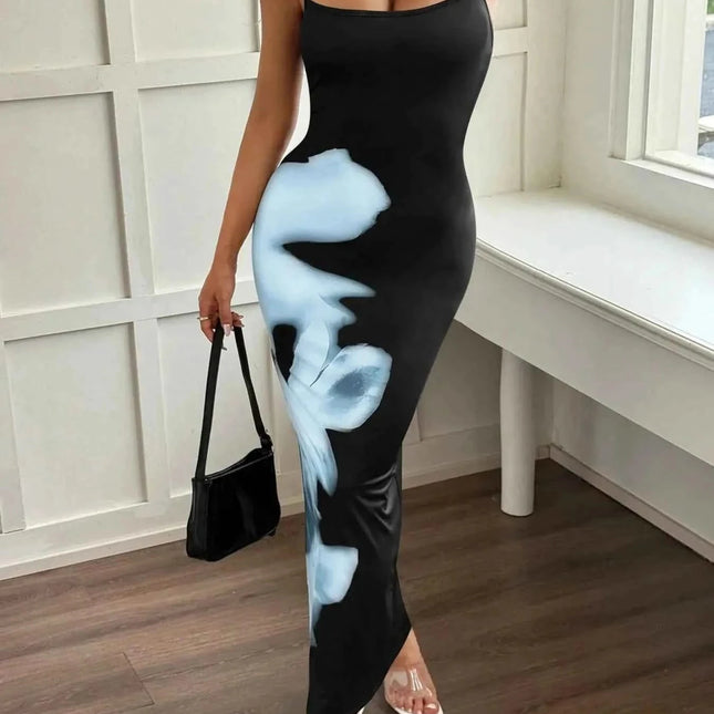 Printed Bodycon Spaghetti Strap Maxi Dress Black