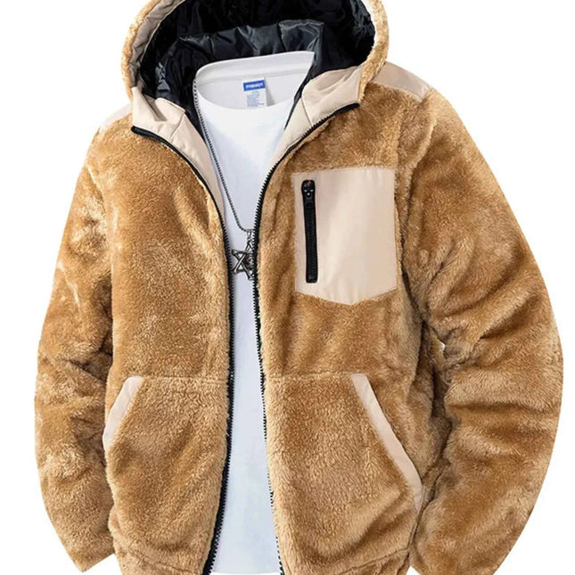 Men's Zip Up Fleece Hooded Jacket Khaki