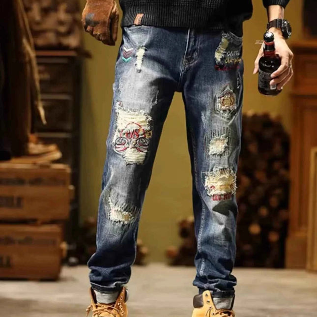 Men's Full Size Distressed Wash Slim Fit Jeans Plus Size Blue