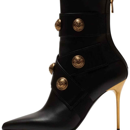 Gold Round Badge Short Boots : Pointed Toe Metal Stiletto Heels