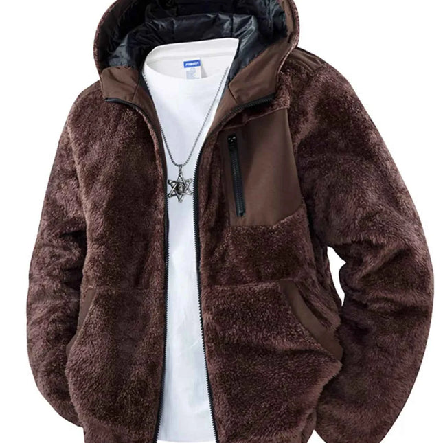 Men's Zip Up Fleece Hooded Jacket Brown