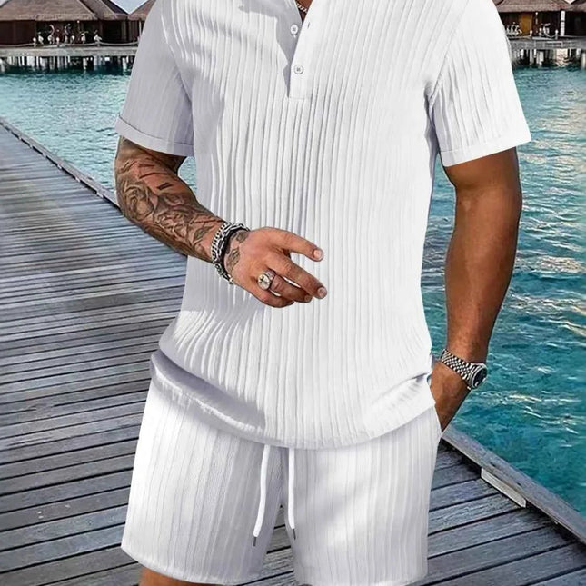 Men's Plus Size Short Sleeve Shirt and Shorts Set - Two Piece Summer Outfit White