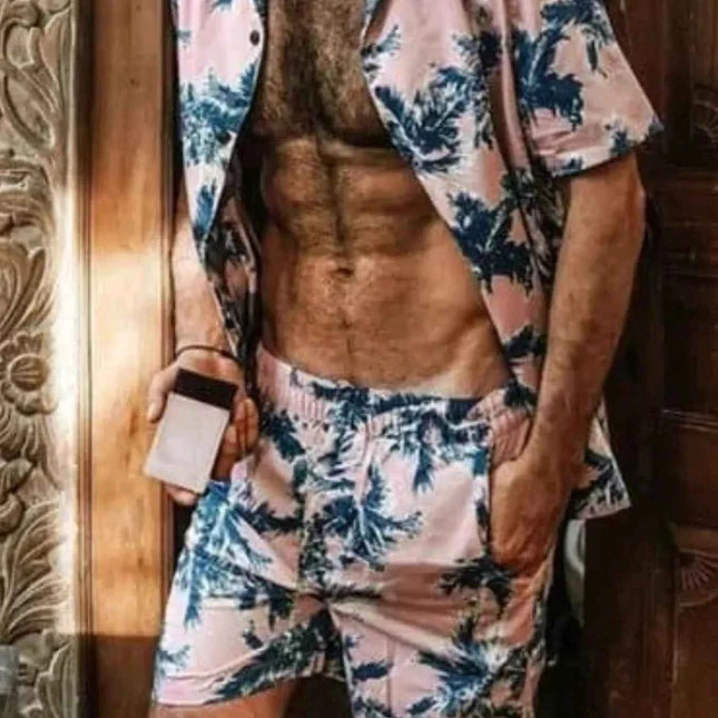 Men's Full Size Tropical Print Hawaiian Style Top and Shorts Set Plus Size Pink