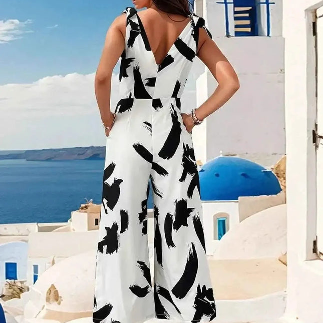 Perfee Tied Printed Surplice : Sleeveless Jumpsuit