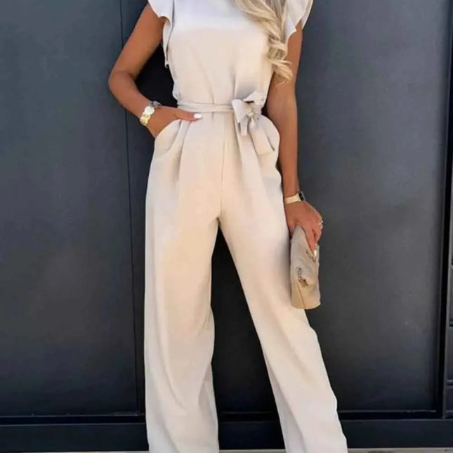 Ruffled Round Neck : Cap Sleeve Jumpsuit Eggshell
