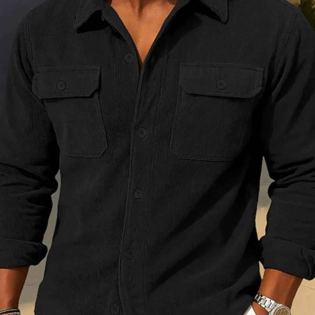 Men's Full Size Corduroy Long Sleeve Button-Down Shirt Plus Size Black
