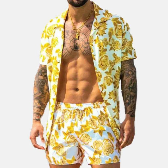 Men's Full Size Button Up Shirt and Shorts Set Plus Size Yellow