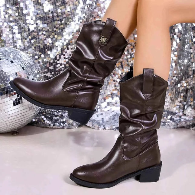 Point Toe Block Heel Boots - Fashion Forward Footwear Dark Brown