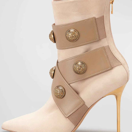 Gold Round Badge Short Boots : Pointed Toe Metal Stiletto Heels