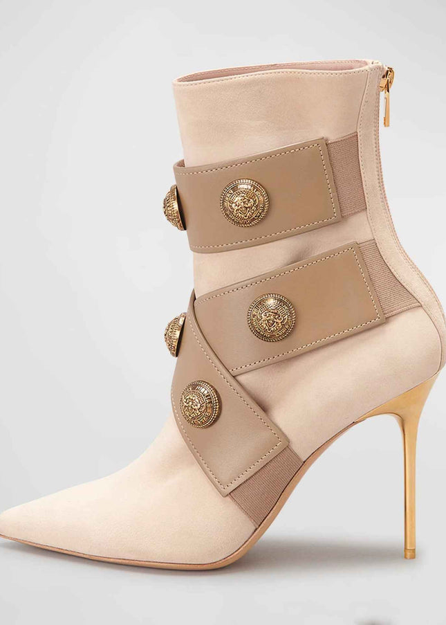 Gold Round Badge Short Boots : Pointed Toe Metal Stiletto Heels