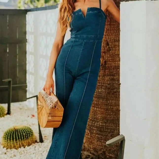 Spaghetti Strap Wide : Leg Denim Jumpsuit