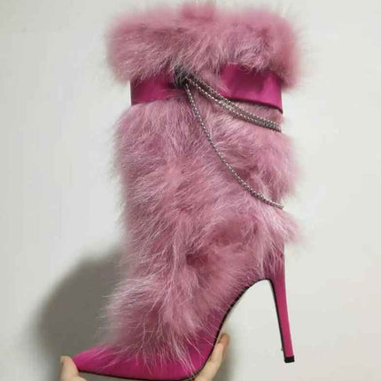 Pink Feather Pointed Toe Stiletto : Chain High Boots