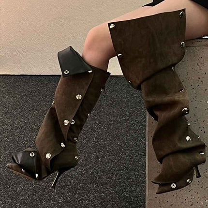 Stud Pleated Cowboy Boots : Pointed Toe High Heels brown