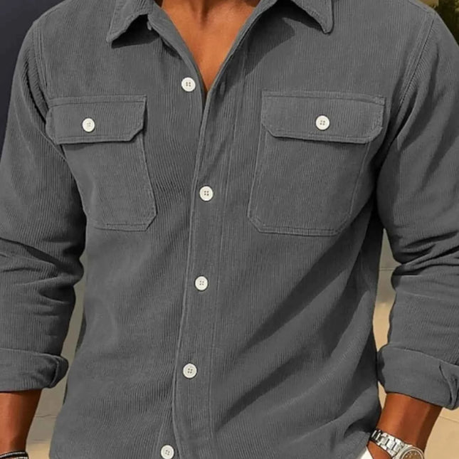 Men's Full Size Corduroy Long Sleeve Button-Down Shirt Plus Size Gray