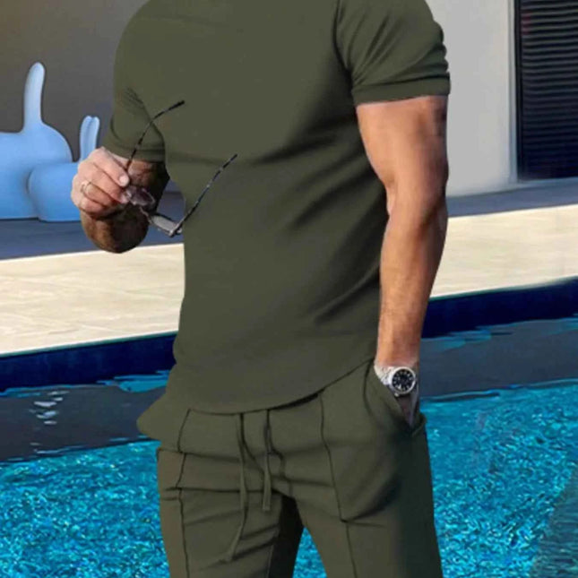 Men's Plus Size Round Neck Short Sleeve Top and Shorts Set Army Green