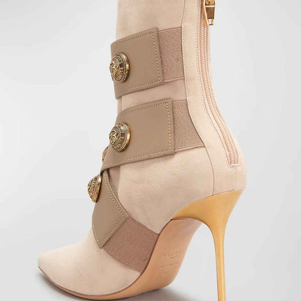 Gold Round Badge Short Boots : Pointed Toe Metal Stiletto Heels