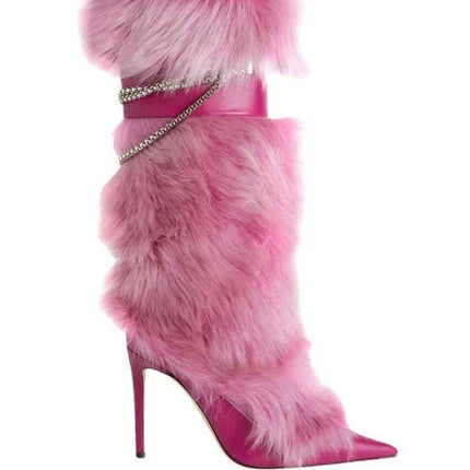 Pink Feather Pointed Toe Stiletto : Chain High Boots