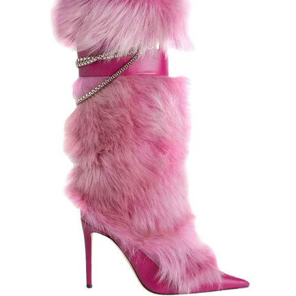 Pink Feather Pointed Toe Stiletto : Chain High Boots