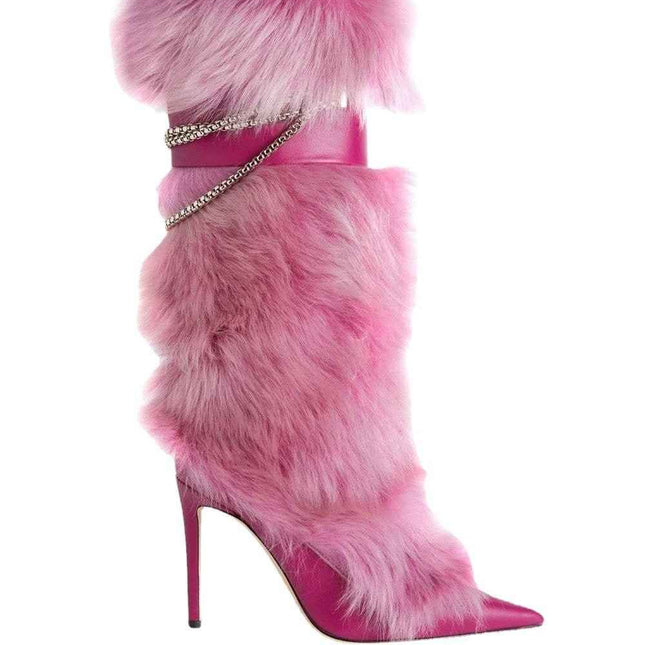 Pink Feather Pointed Toe Stiletto : Chain High Boots