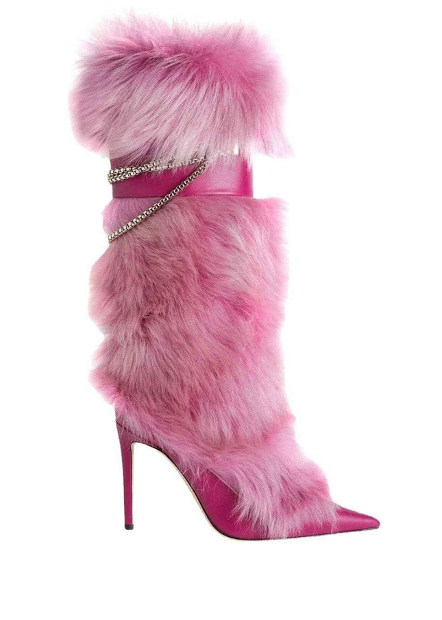 Pink Feather Pointed Toe Stiletto : Chain High Boots