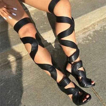 Sexy Open Toe Gladiator : Sandals Boots Black PU 6