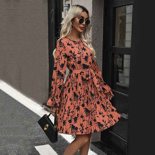 European Stylish Long Sleeved : Printed Dress Brown