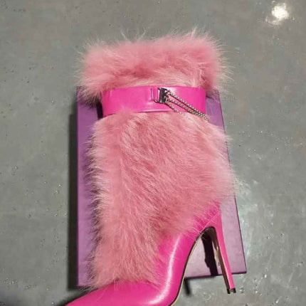 Pink Feather Pointed Toe Stiletto : Chain High Boots