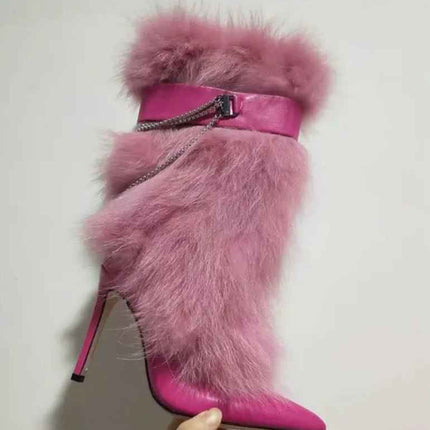 Pink Feather Pointed Toe Stiletto : Chain High Boots