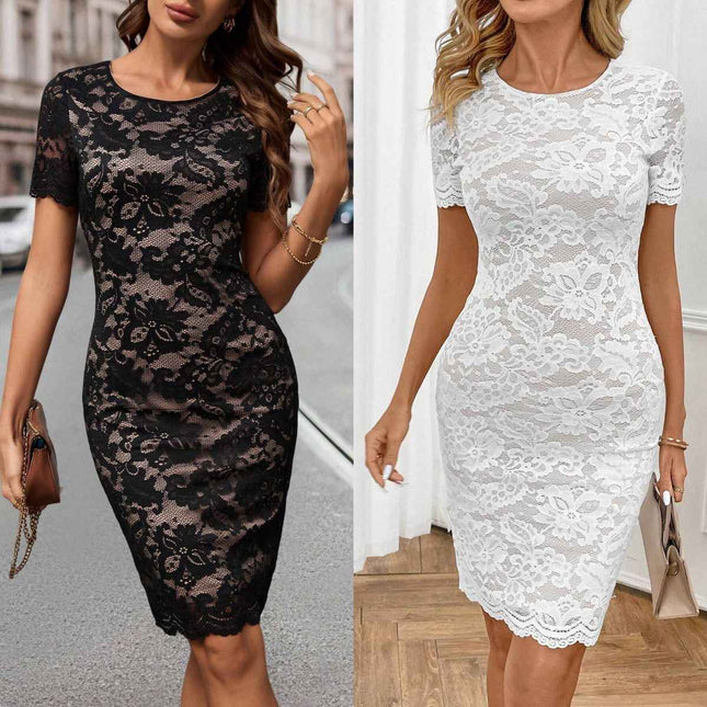 European Stylish Round Neck Lace : Short Sleeve Dress